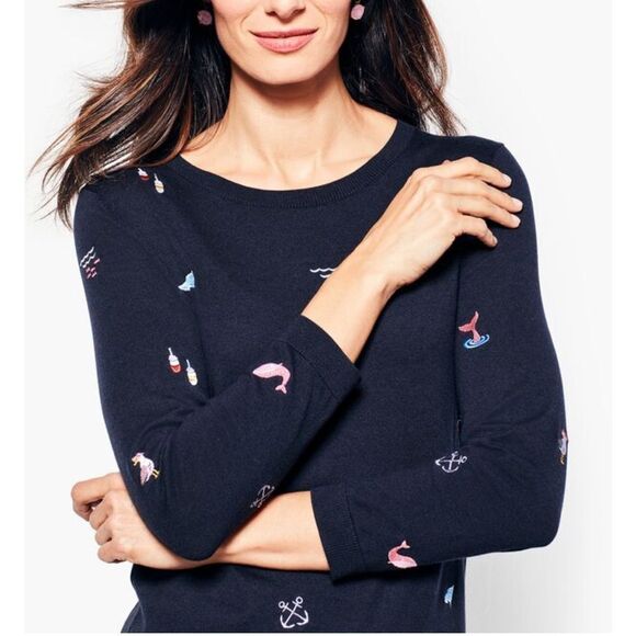 Talbots Nautical Embroidered Theme Navy Blue Long Sleeve Crew Knit Sweater - Picture 2 of 12